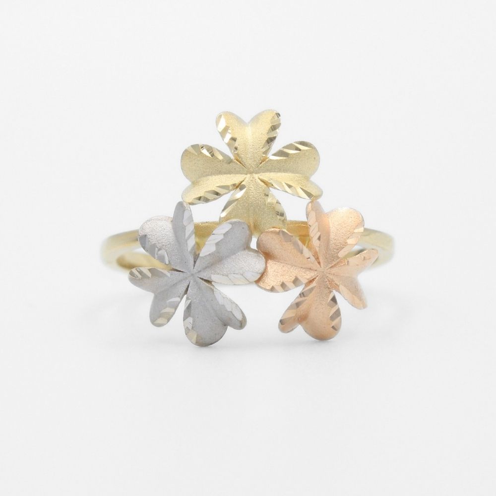 Anillo de Oro 14k Diseño Tradicional con Flores del Pensamiento Detalladas con Diamantado mod. 9588