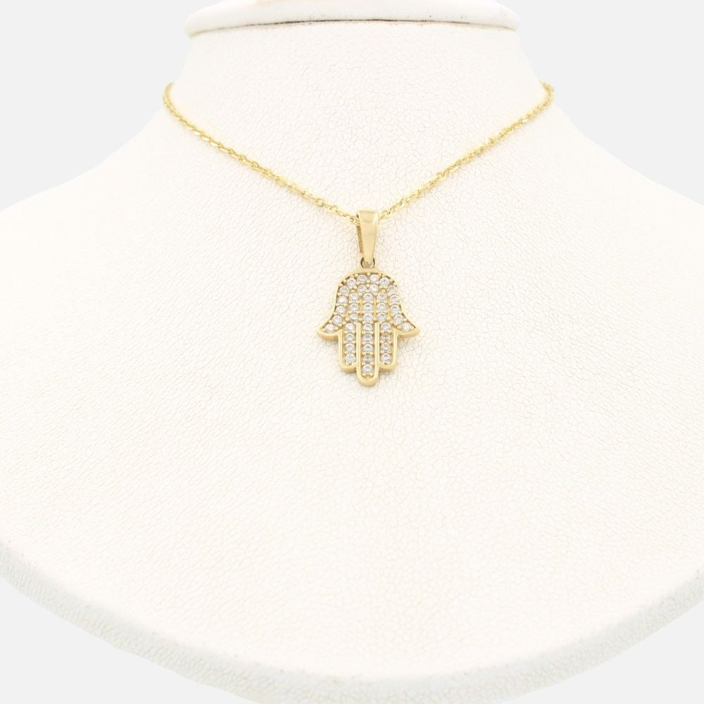Gargantilla de Oro 14k con Dije de Mano de Fátima Incrustada con Zirconias mod. 9635