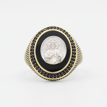 Anillo de Oro 14k con Imagen de San Judas Montada en Ónix y Detallada con Zirconias mod. 9457
