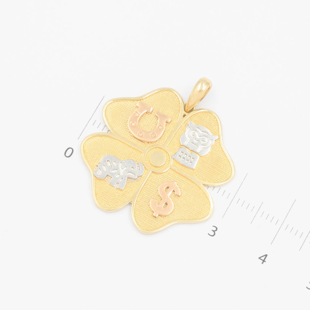 Dije de Oro 14k Diseño Trebol de la Suerte con Simbolos de la Fortuna mod. 9247
