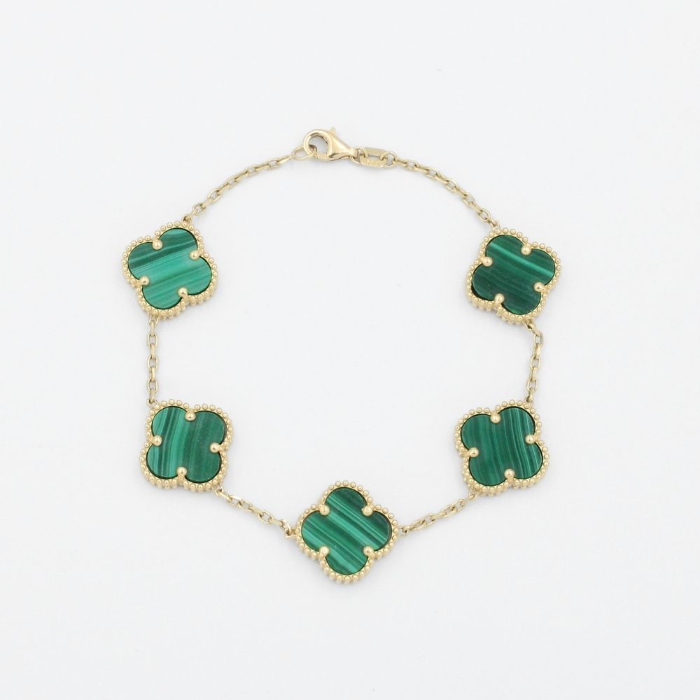 Pulsera de Oro 14k con Eslabones de Trébol Incrustados con Malaquita mod. 9036