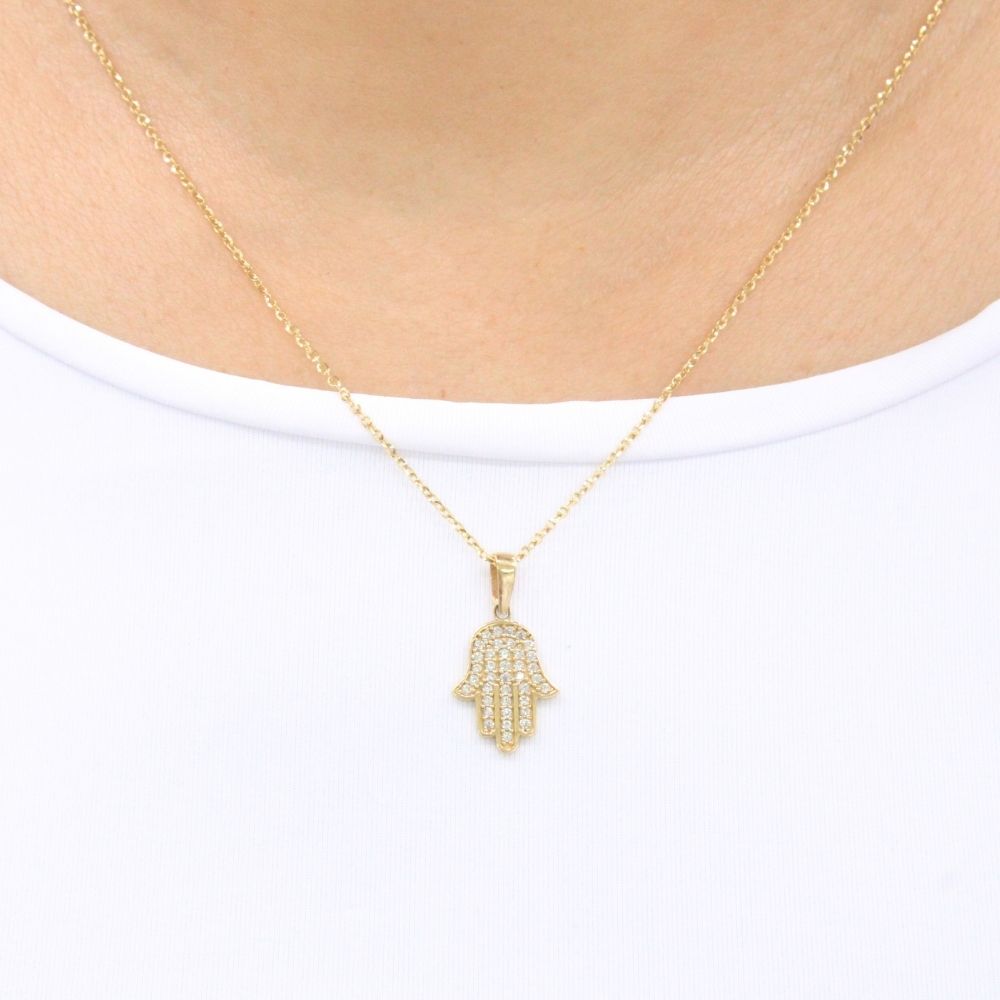 Gargantilla de Oro 14k con Dije de Mano de Fátima Incrustada con Zirconias mod. 9635
