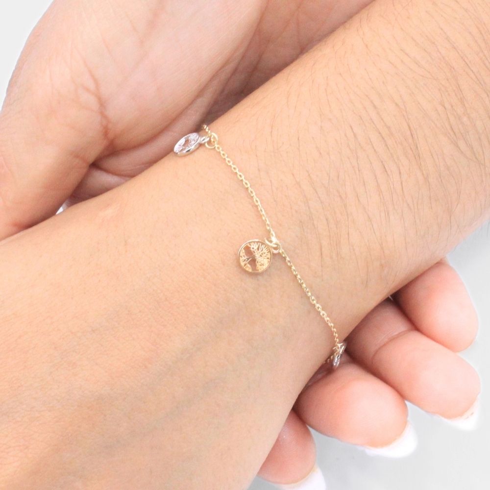 Pulsera de Oro 14k Tejido Fino con Dijes de Arbol de la Vida mod. 9324