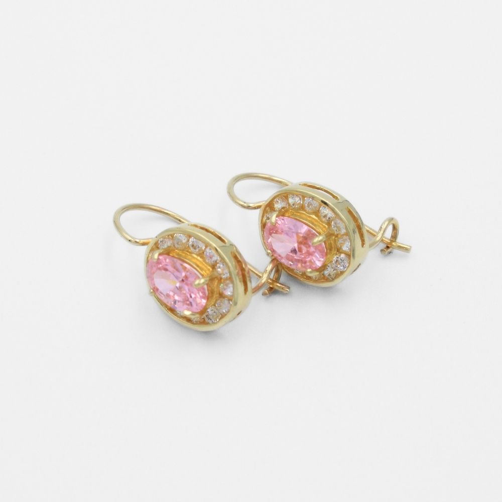 Arete con Broche Arillo de Oro 14k con Diseño Oval con Zirconia Rosa Detallada con Zirconias en Bisel mod. 9763
