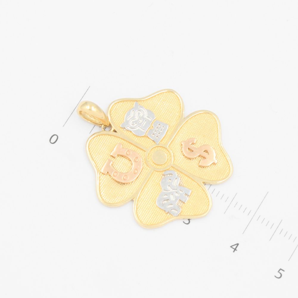 Dije de Oro 14k Diseño Trebol de la Suerte con Simbolos de la Fortuna mod. 9247