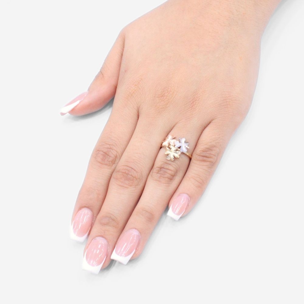Anillo de Oro 14k Diseño Tradicional con Flores del Pensamiento Detalladas con Diamantado mod. 9588