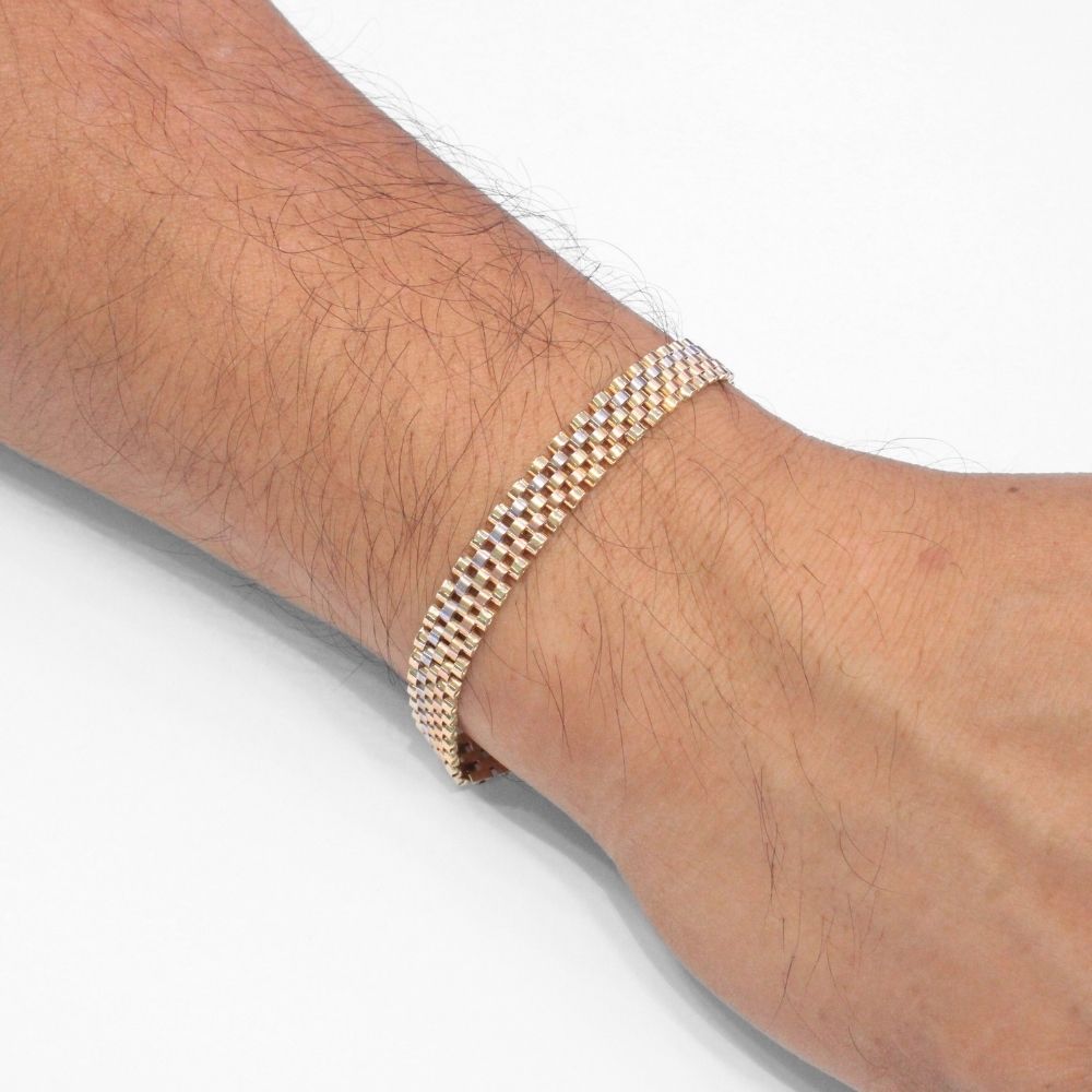 Pulsera de Oro 14k Tejido Ensamblado de 3 Colores con Diseño Estrecho mod. 9806