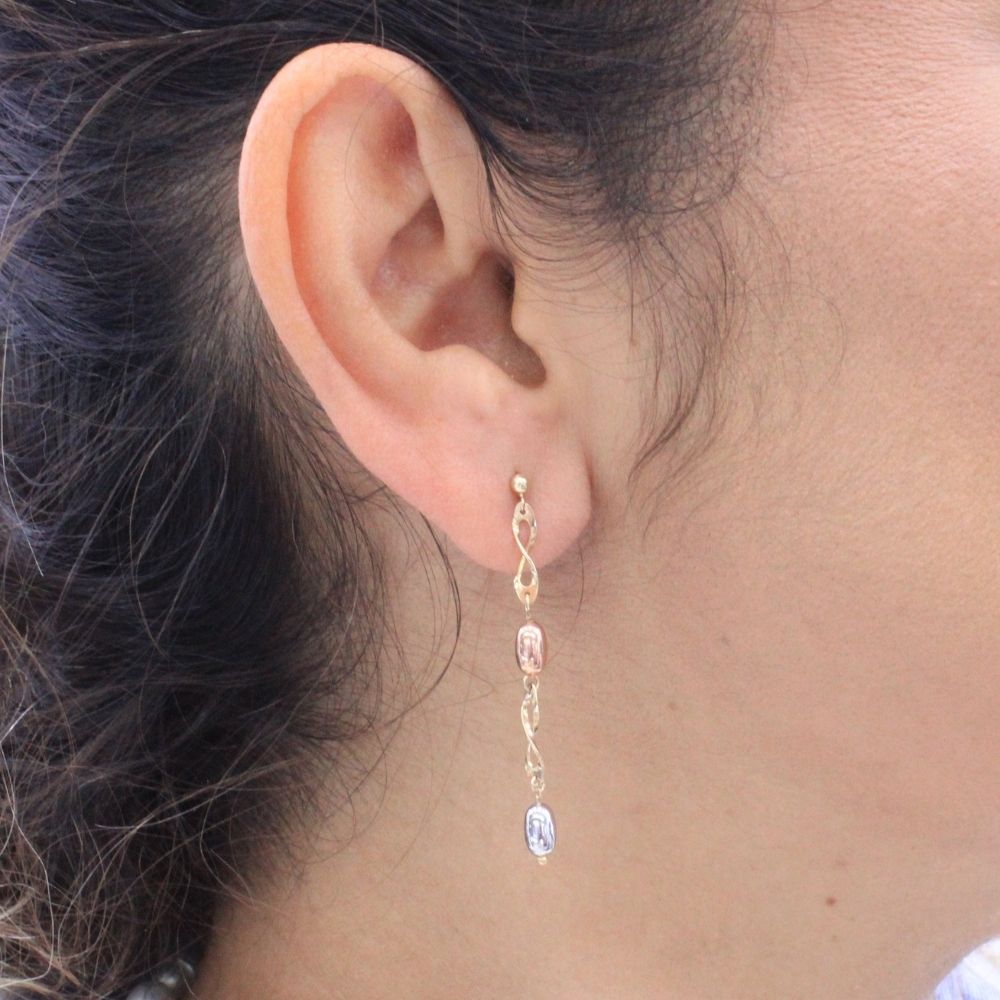 Arete Largo de Oro 14k con Infinitos y Lunetas Infladas Estilo Hueco mod. 5771