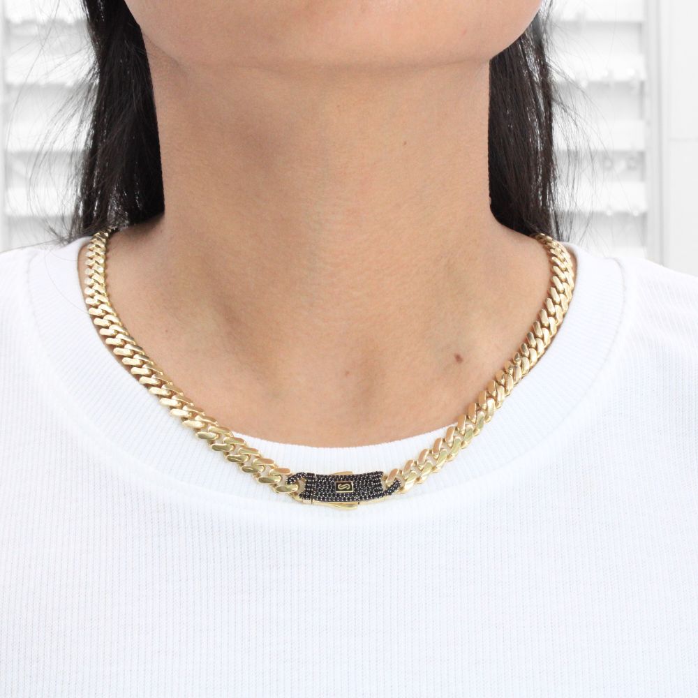 Cadena Monaco Chain 14k Modelo Classic Hueco con Broche Pavé mod. 9025