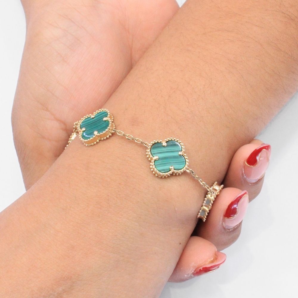 Pulsera de Oro 14k con Eslabones de Trébol Incrustados con Malaquita mod. 9036