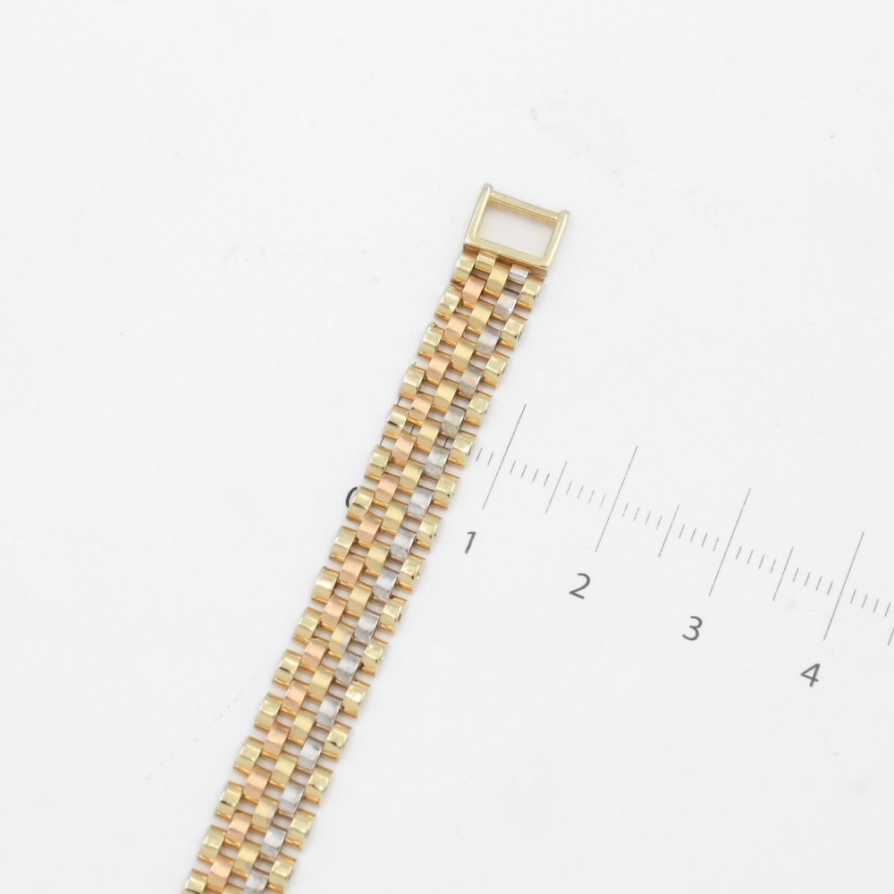 Pulsera de Oro 14k Tejido Ensamblado de 3 Colores con Diseño Estrecho mod. 9806