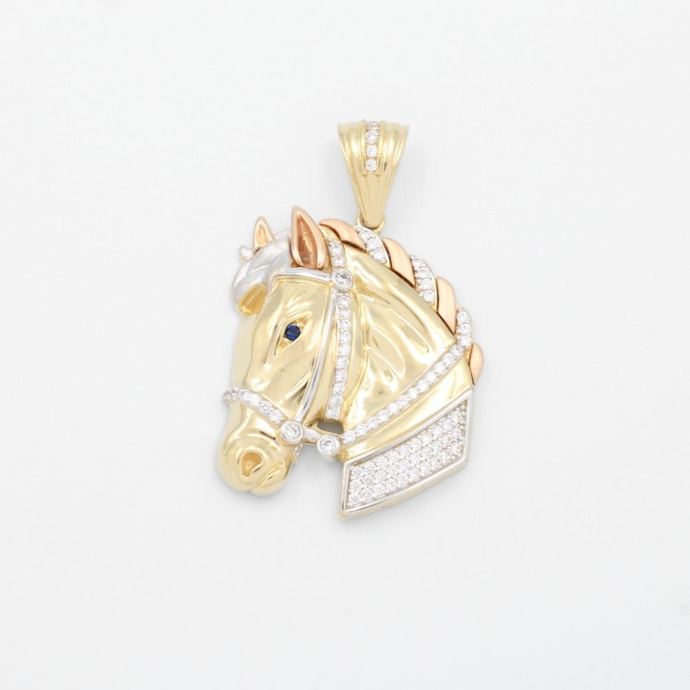 Dije de Oro 14k Diseño en Forma de Perfil de Caballo Estilo Brillante con Zirconias  mod. 9480
