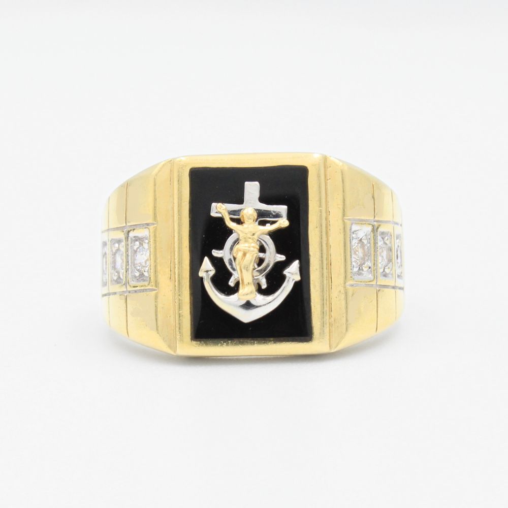 Anillo de Oro 14k Ancla con Cristo e Incrustación de Zirconias mod. 0039