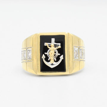 Anillo de Oro 14k Ancla con Cristo e Incrustación de Zirconias mod. 0039