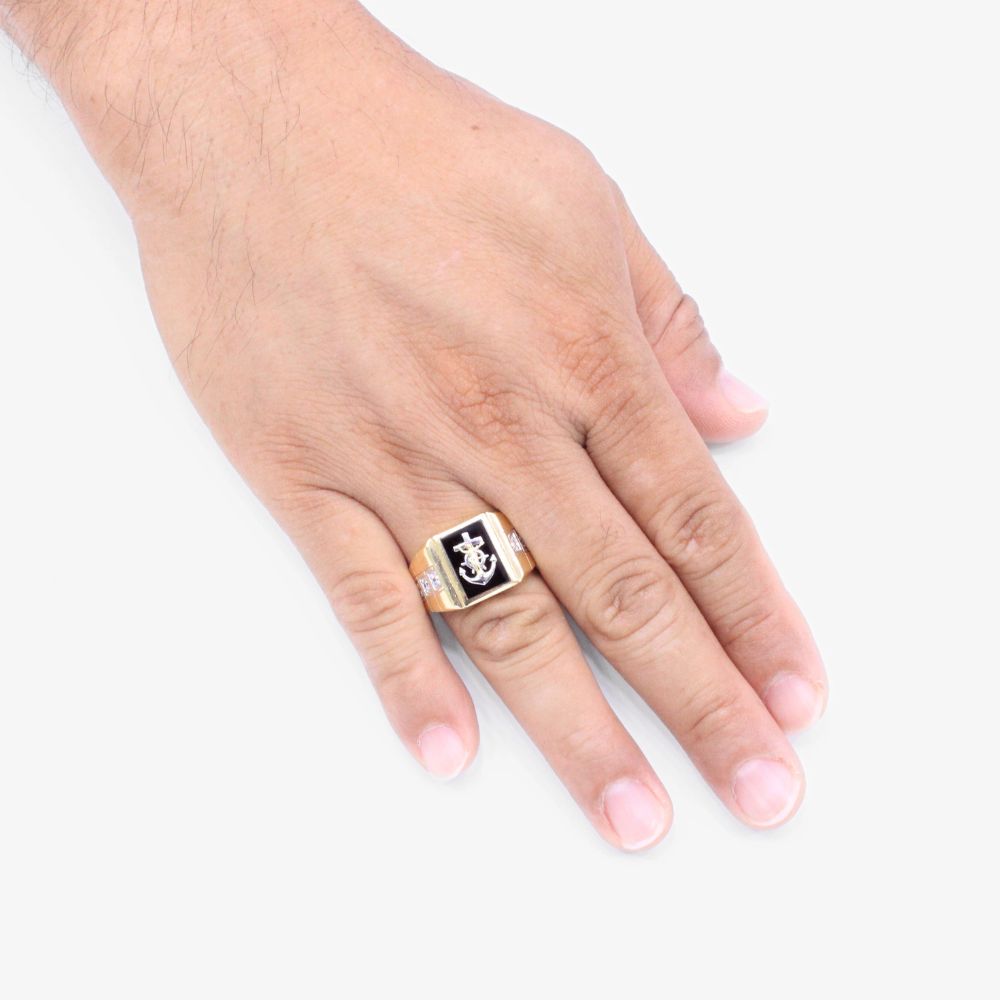 Anillo de Oro 14k Ancla con Cristo e Incrustación de Zirconias mod. 0039