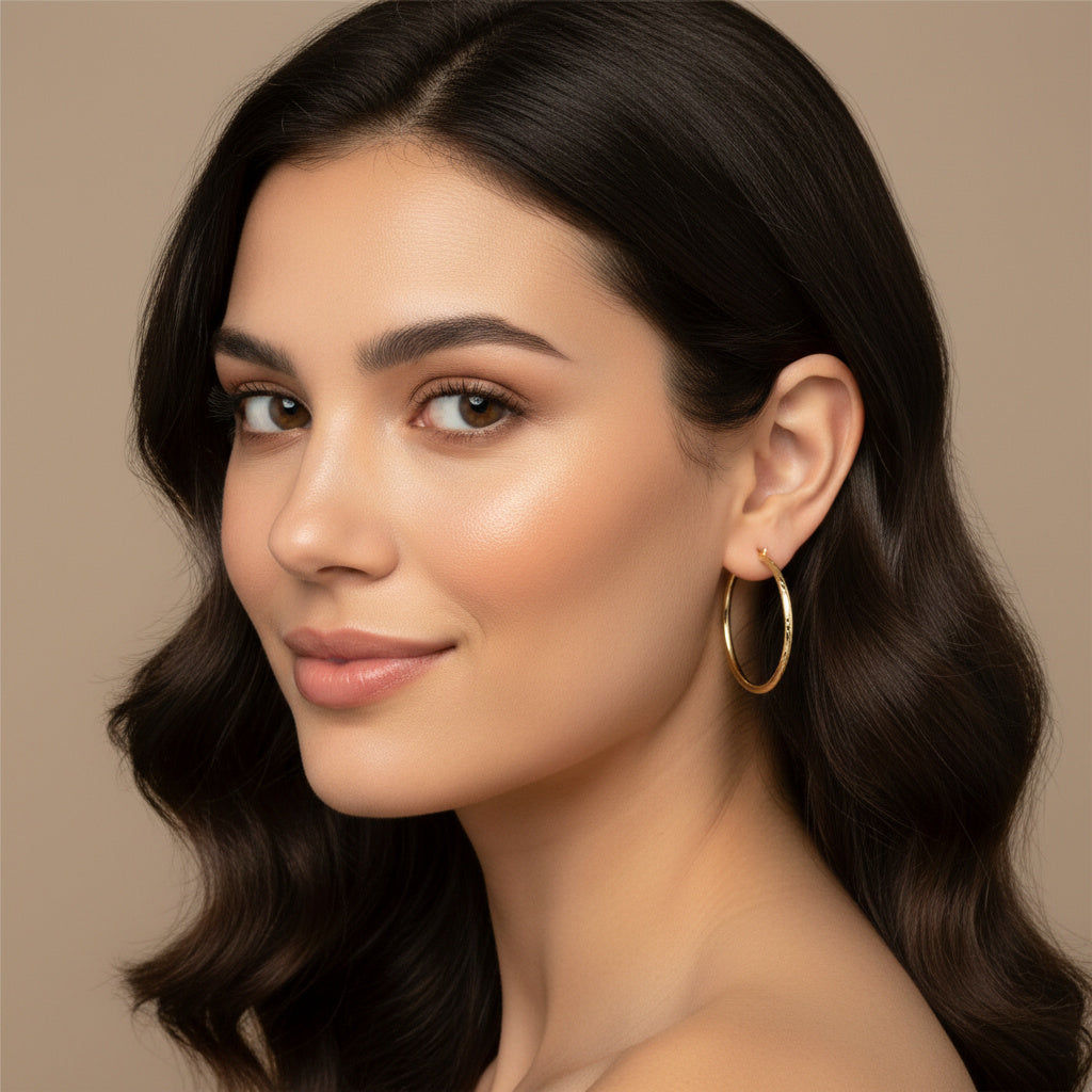 Arracada de Oro 14k Diseño Tubular Hueco con Tonos Mate Contrastados con Diamantado Fino mod. 10033