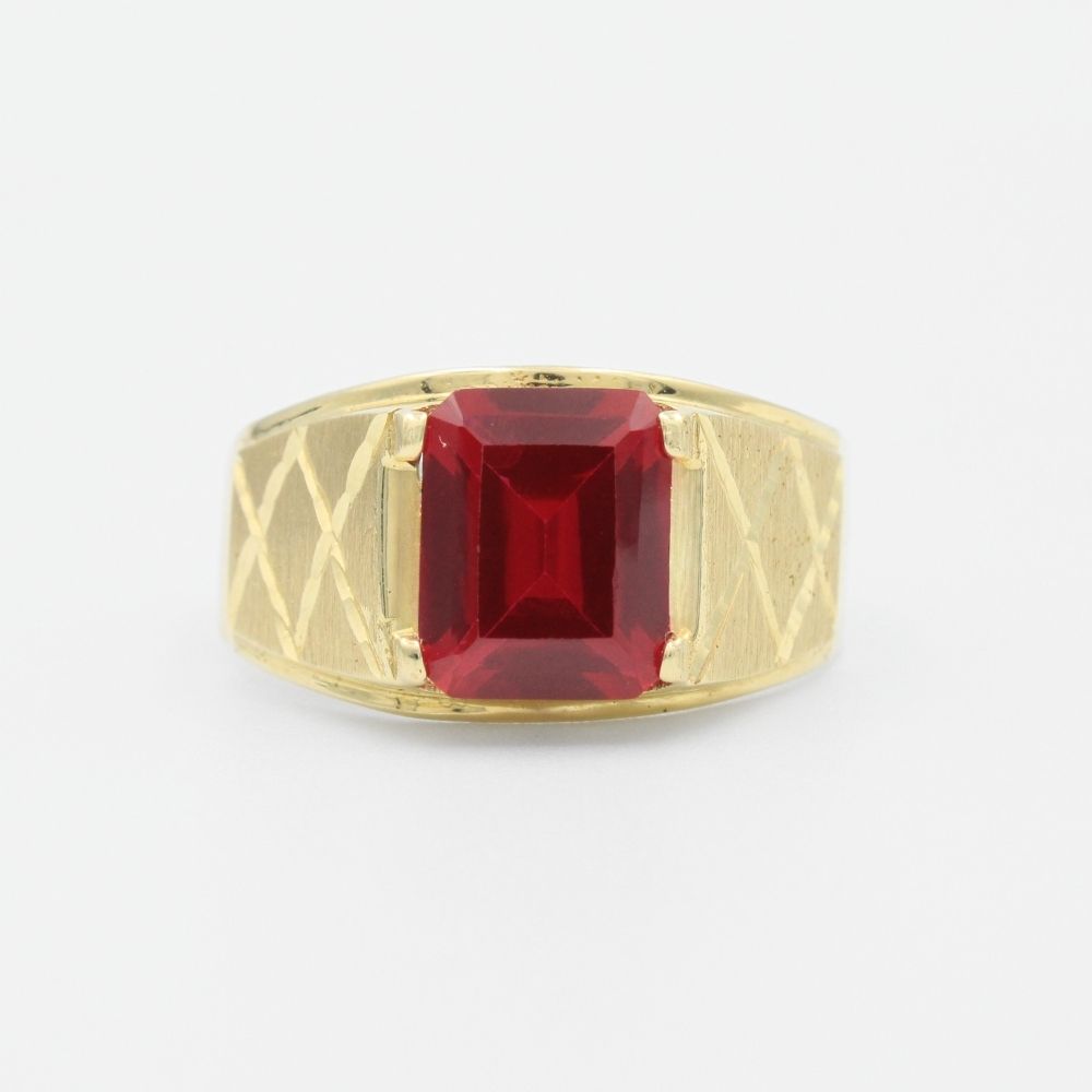 Anillo de Oro 14k con Zirconia Color Rojo Rubí y Diseño Mate de Figura X mod. 9458