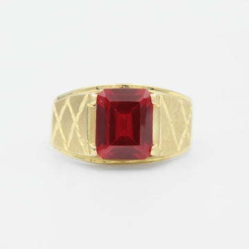 Anillo de Oro 14k con Zirconia Color Rojo Rubí y Diseño Mate de Figura X mod. 9458