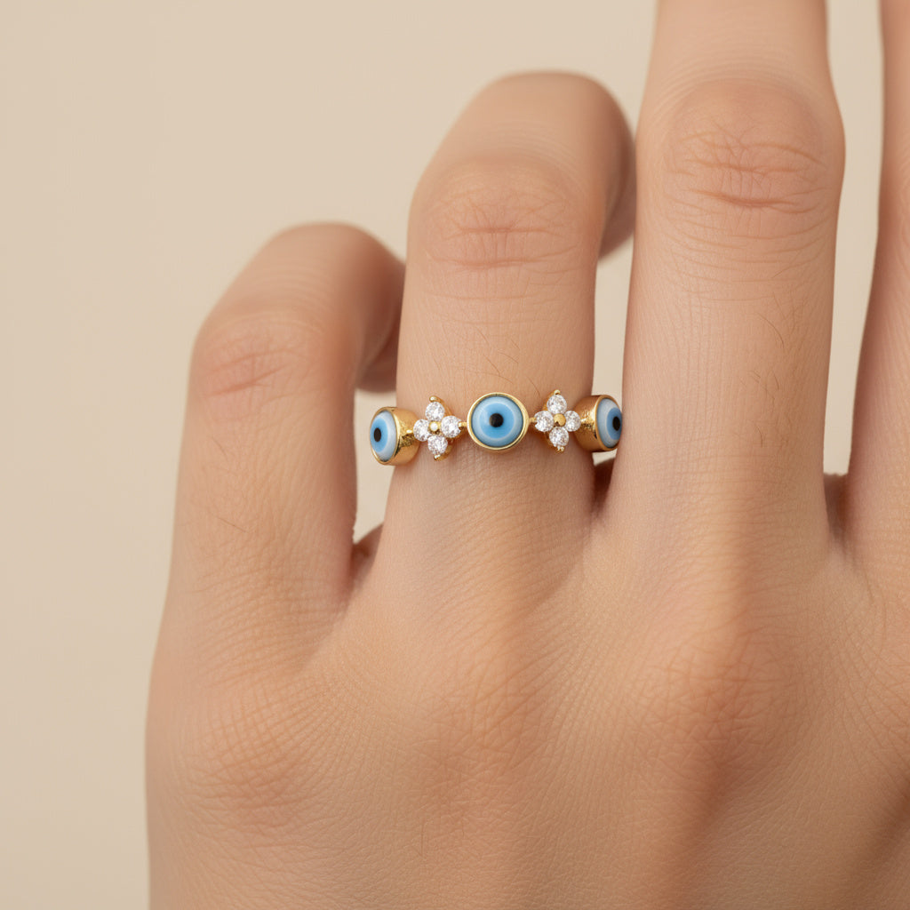 Anillo de Oro 14k Modelo de Protección con Ojos Turcos y Zirconias  mod. 10009