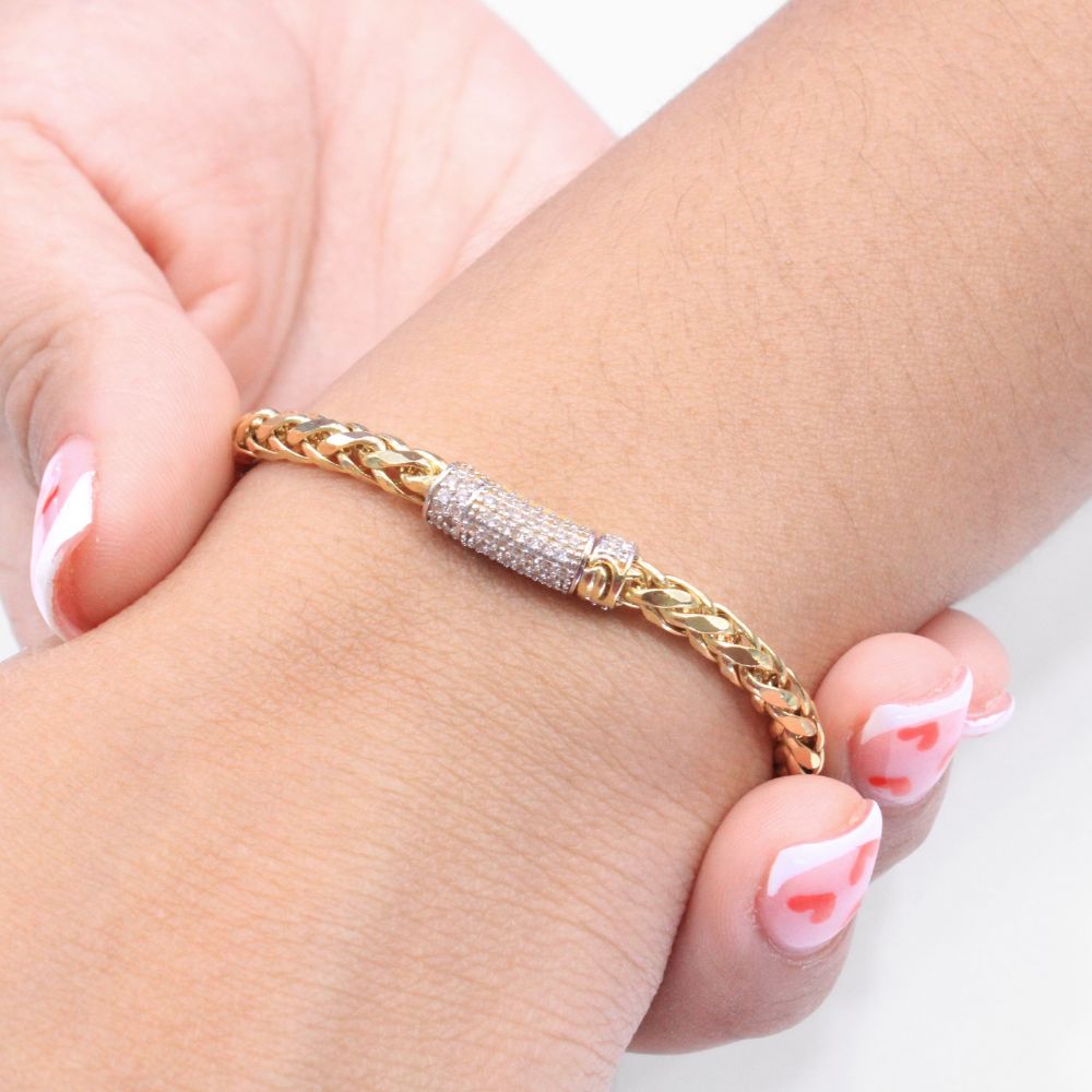 Pulsera de Oro 14k Tejido Espiga Hueca con Broche Incrustado con Zirconias mod. 8802