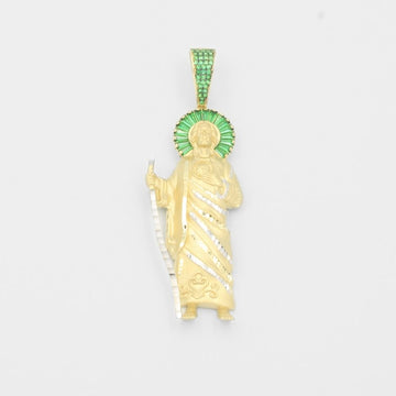 Dije de Oro 14k San Judas Hueco con Aura de Zirconias Verdes mod. 7923