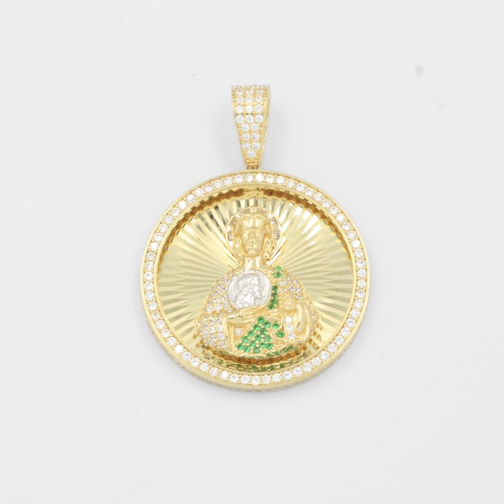 Dije de Oro 14k Medallón de San Judas en Fondo Diamantado e Incrustado con Zirconias mod. 7865