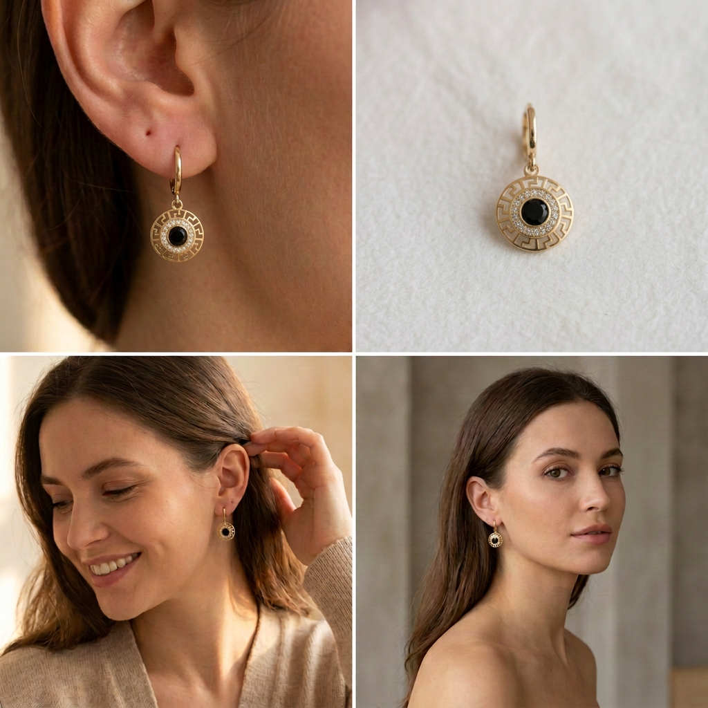 Grapa Larga de Oro 14k Grecas e Incrustación de Zirconias mod. 11238