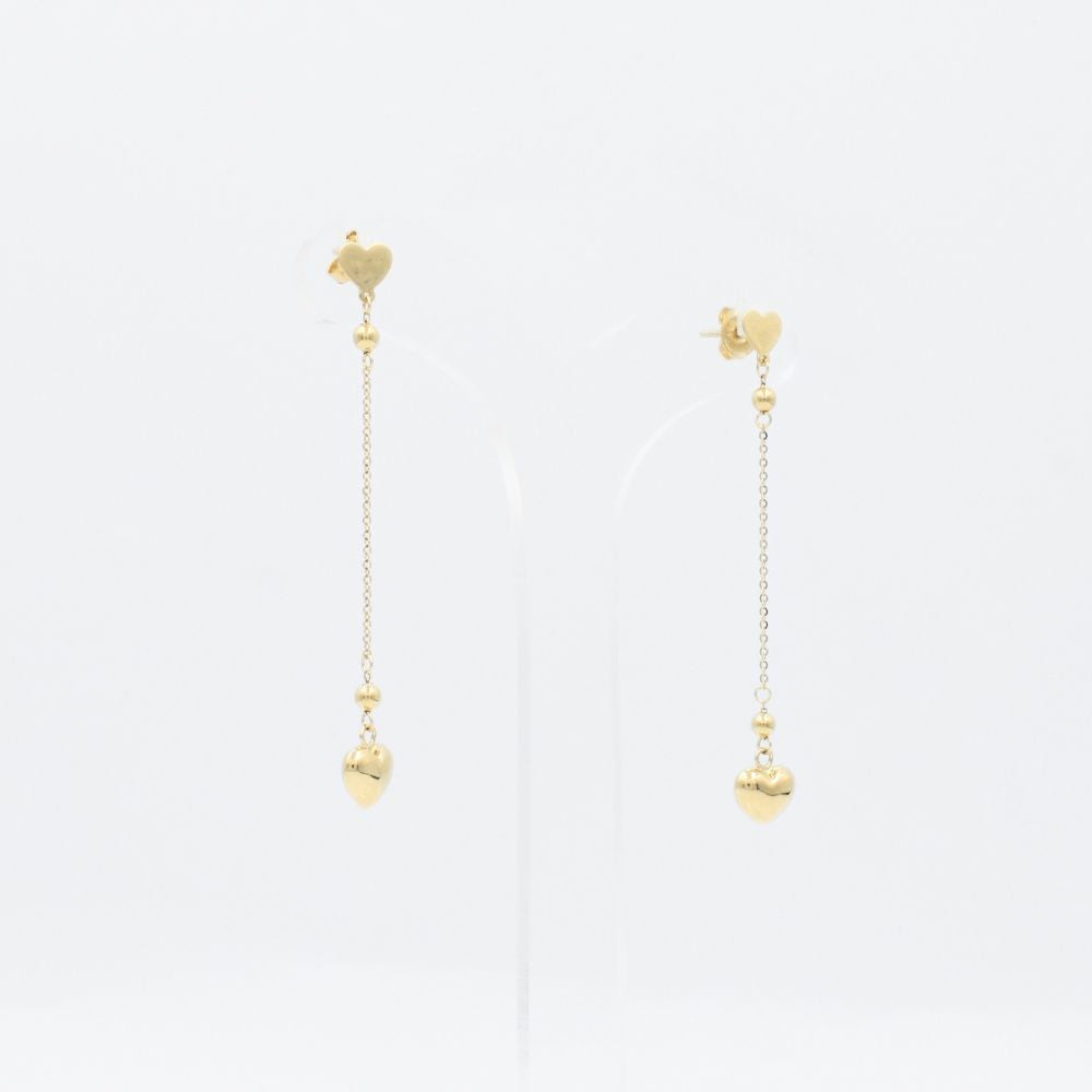 Arete Largo de Oro 14k con Corazones Inflados de Estilo Hueco y Brillante mod. 9092