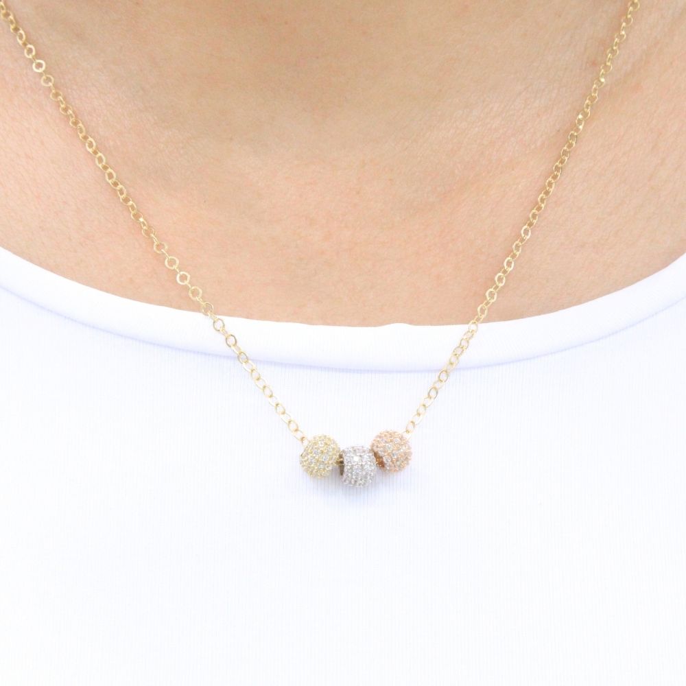 Gargantilla de Oro 14k con Esferas de la Suerte Florentinas e Incrustadas con Zirconias mod. 9636