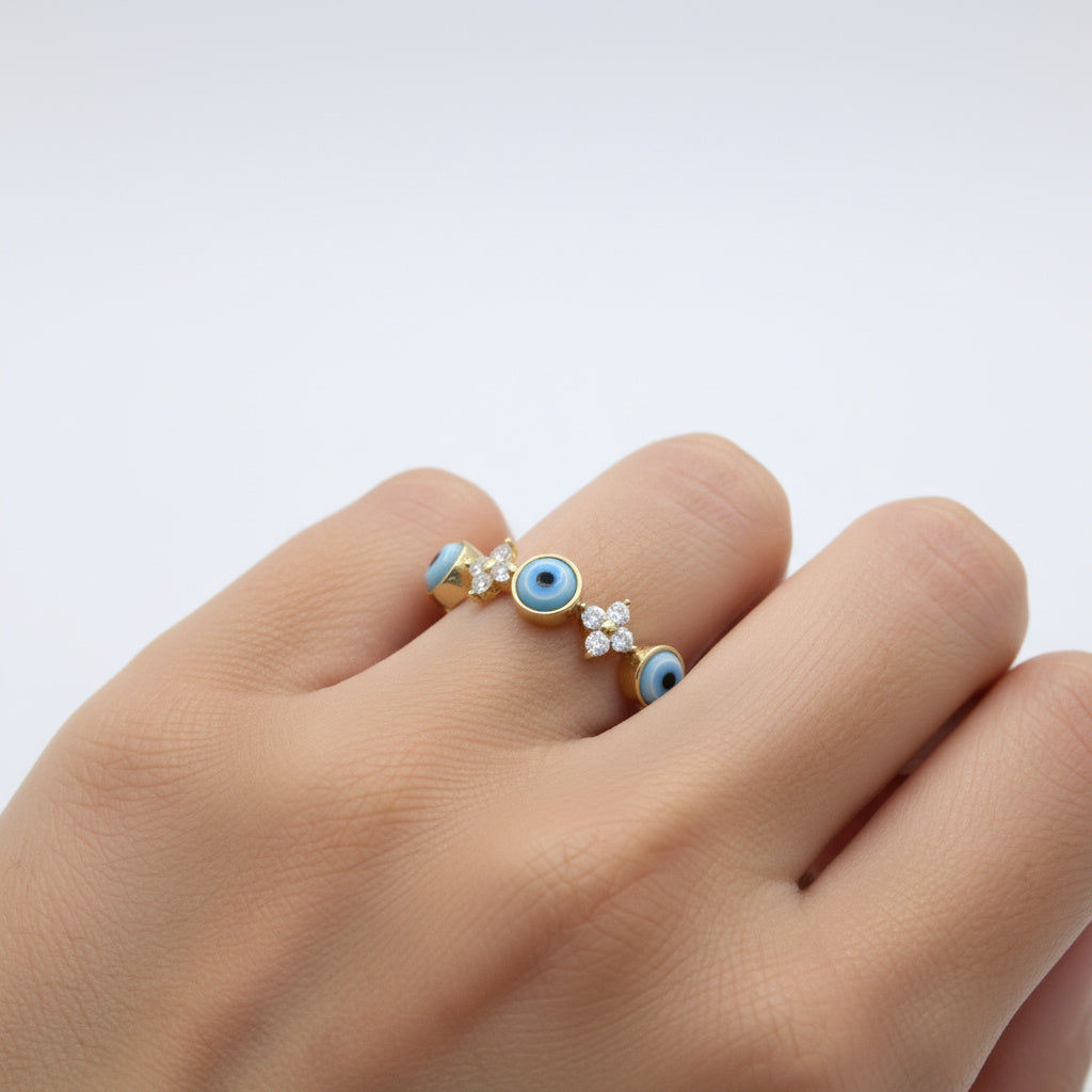 Anillo de Oro 14k Modelo de Protección con Ojos Turcos y Zirconias  mod. 10009