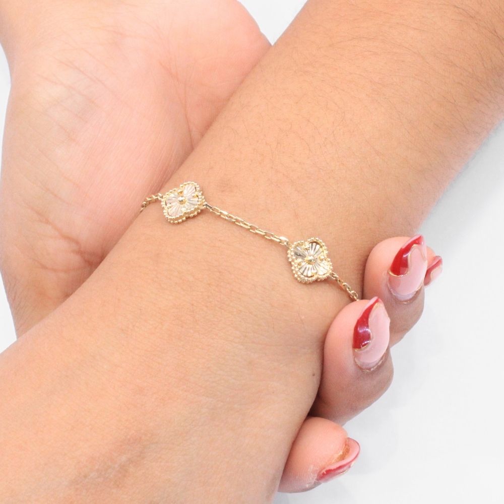 Pulsera de Oro 14k Fino y Hueco con Eslabones de Trébol Diamantados Estilo Brillante mod. 9037
