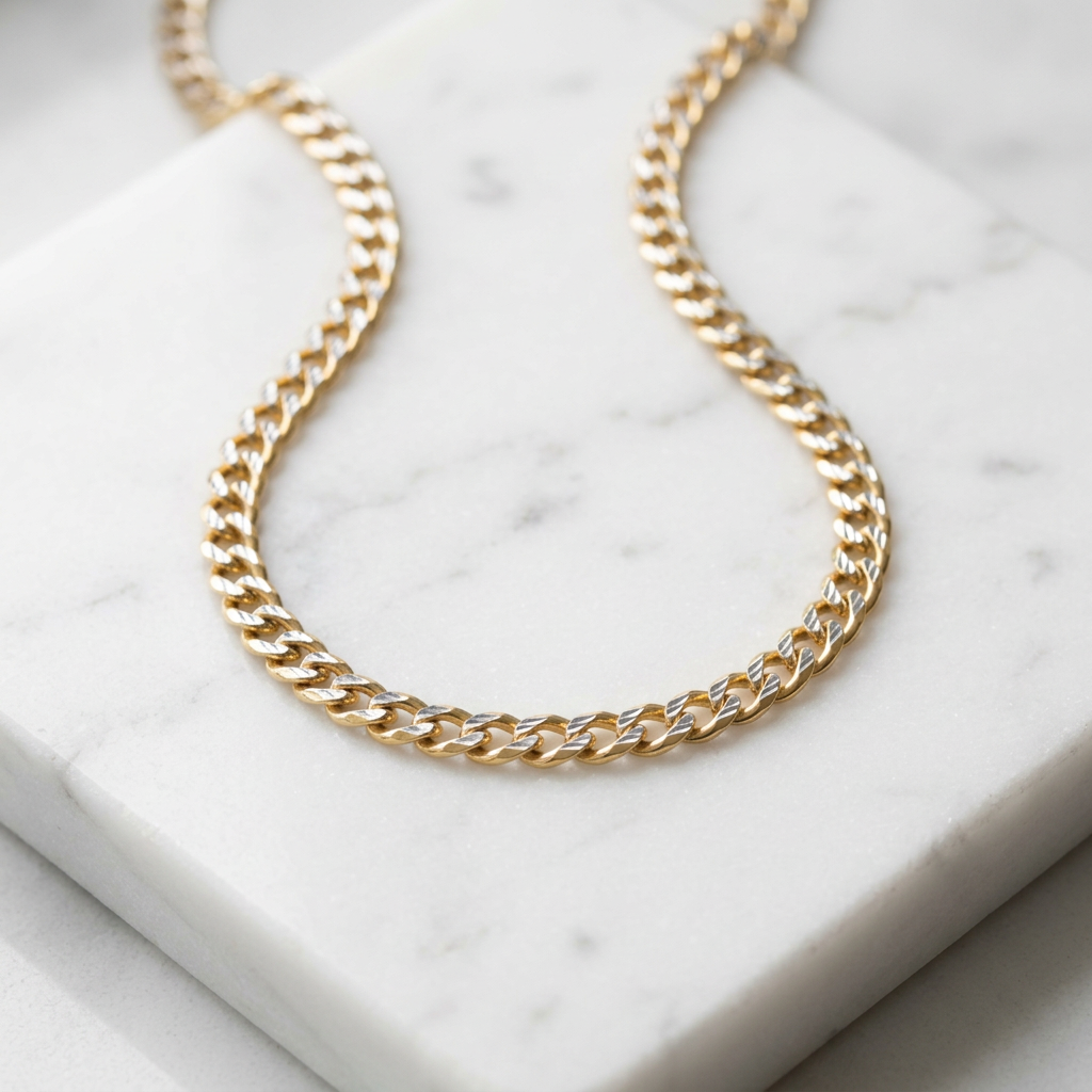 Cadena de Oro 14k Barbada Fina con Diamantado Blanco mod. 11216