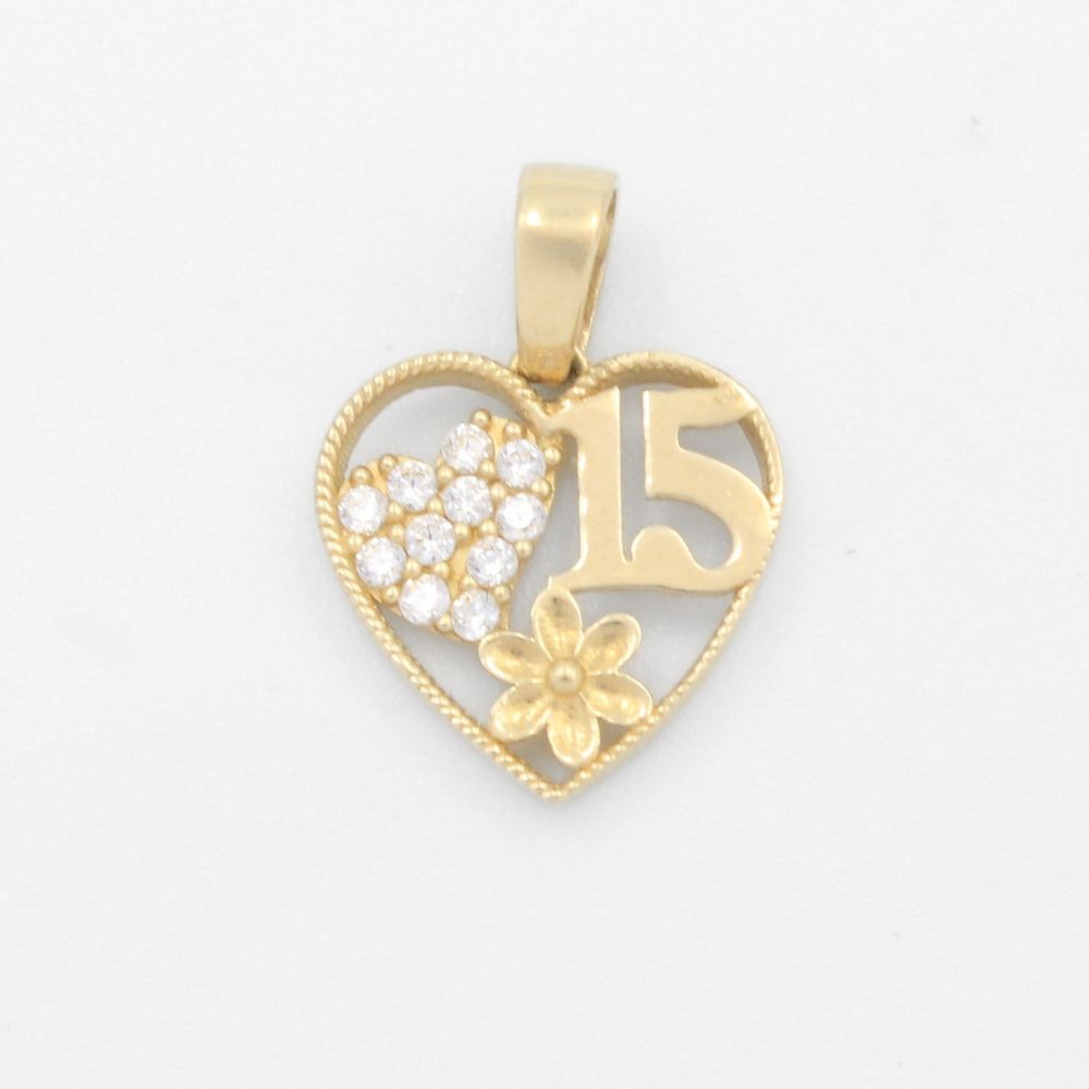 Dije de Oro 14k Diseño de Corazón Abierto con Detalles de Flor y Corazón de Zirconias  mod. 9558