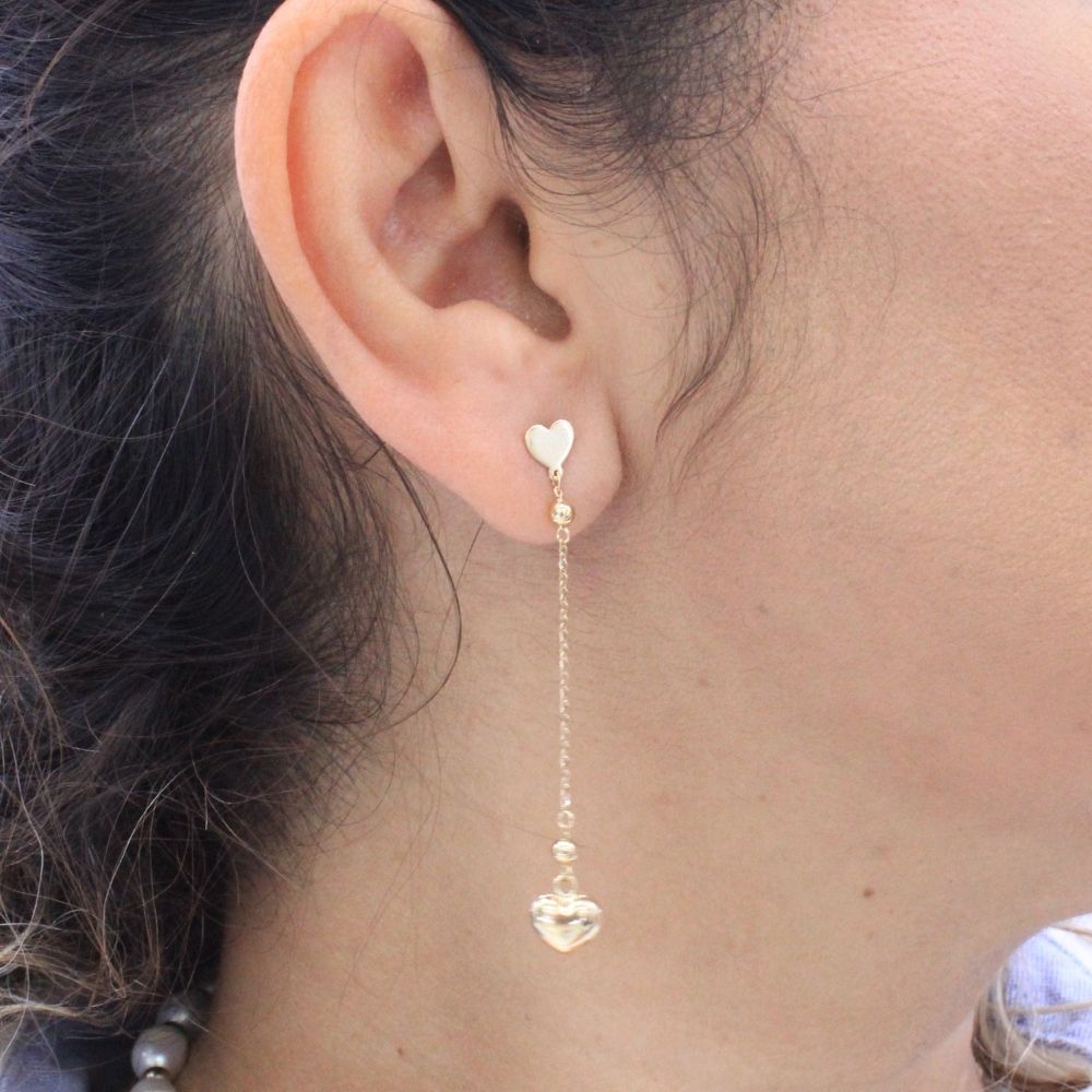 Arete Largo de Oro 14k con Corazones Inflados de Estilo Hueco y Brillante mod. 9092