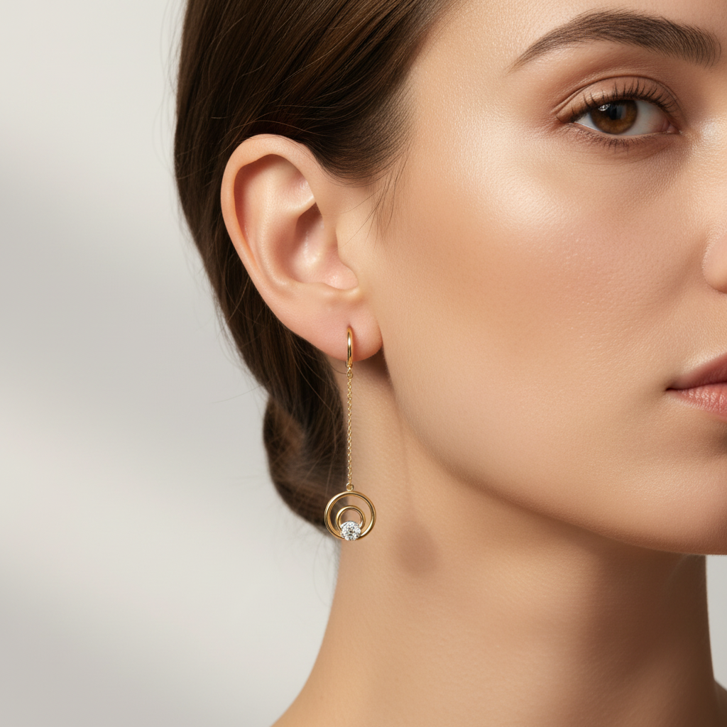 Arete Largo de Oro 14k Diseño Elegante con Círculos Unidos mod. 10122