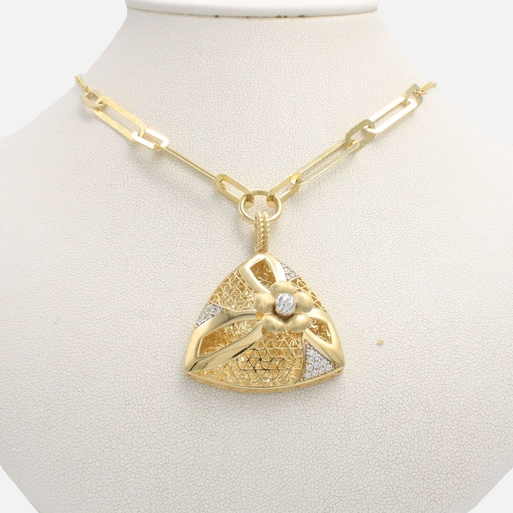 Coordinado de Oro 14k Diseño Plus Modelo Elegante Triángulo de Flor Brillante con Zirconias mod. 9667