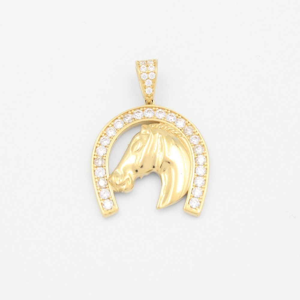 Dije de Oro 14k Diseño Herradura con Cabeza de Caballo Incrustado de Zirconia mod. 9437