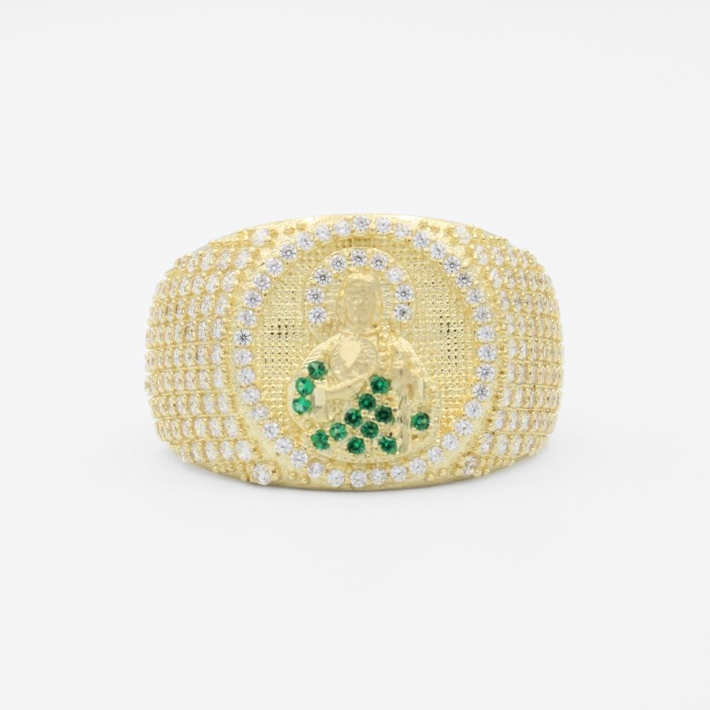 Anillo de Oro 14k Diseño Incrustado con Zirconias y Frente con Imagen de San Judas mod. 9717