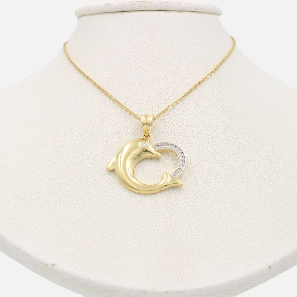 Gargantilla de Oro 14k Corazón con Delfín y Zirconias mod. 8580