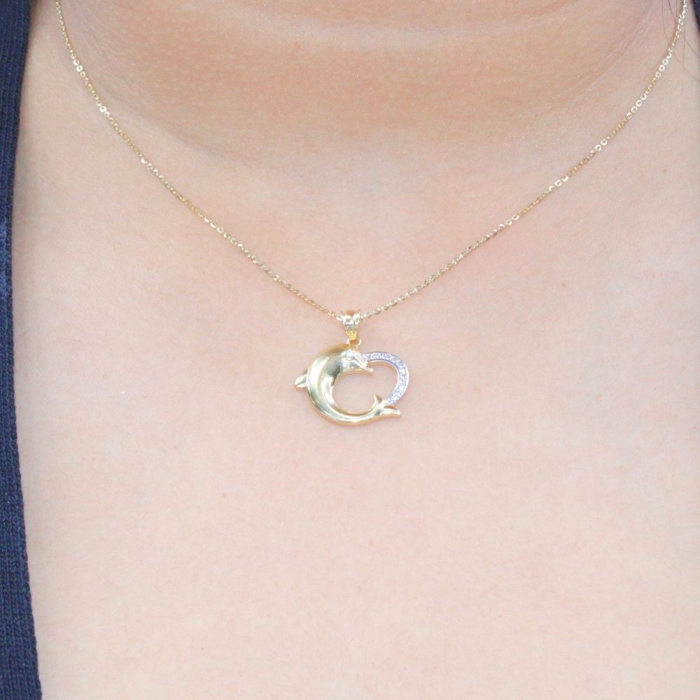 Gargantilla de Oro 14k Corazón con Delfín y Zirconias mod. 8580