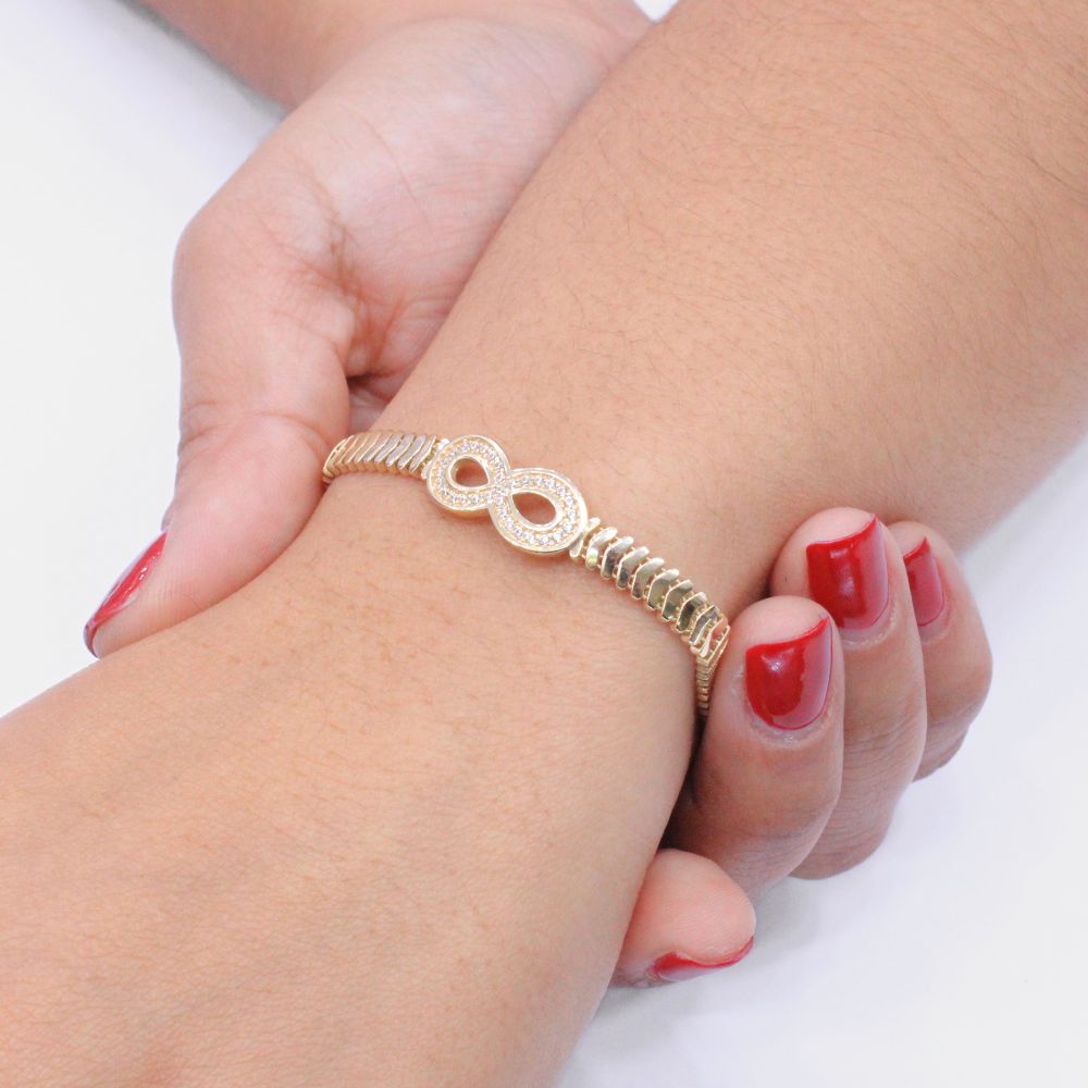 Pulsera de Oro 14k Diseño de Serpiente Flexible con Infinito Incrustado de Zirconia mod. 9259