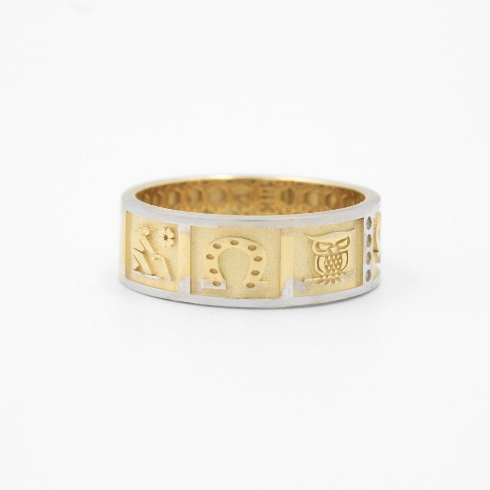 Anillo de Oro 14k en Diseño de la Suerte con Zirconias Finas y Figuras Representativas mod. 8635