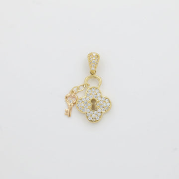 Dije de Oro 14k Diseño Candado Hueco de Trébol con Llave y Zirconias mod. 10073