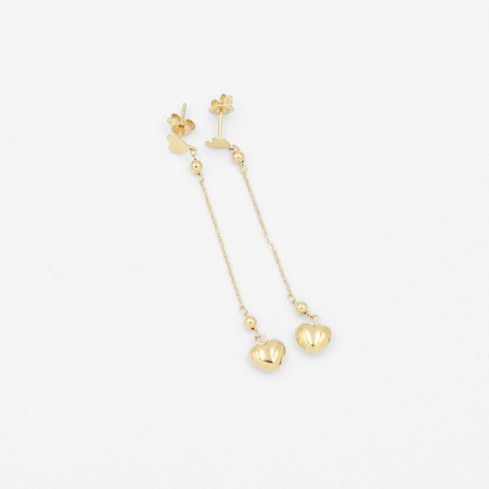 Arete Largo de Oro 14k con Corazones Inflados de Estilo Hueco y Brillante mod. 9092