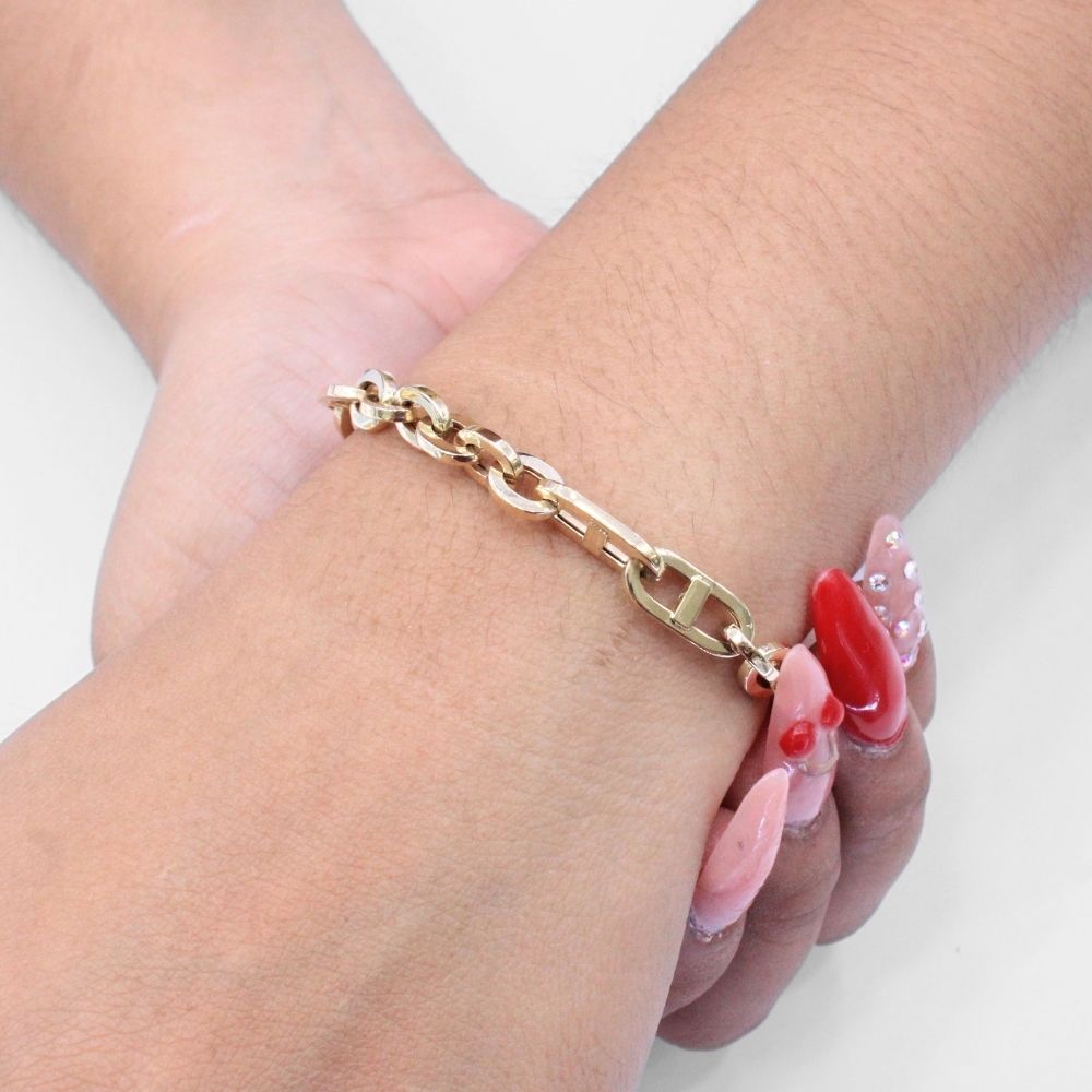 Pulsera de Oro 14k de Tejido Hueco Especial Estilo Ancla de Eslabones Finos mod. 9696