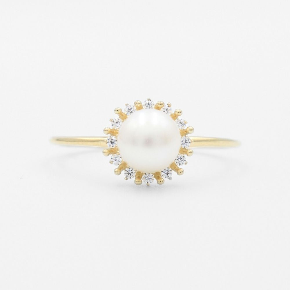 Anillo de Oro 14k Perla Natural con Zirconias Finas y Brillantes mod. 9590