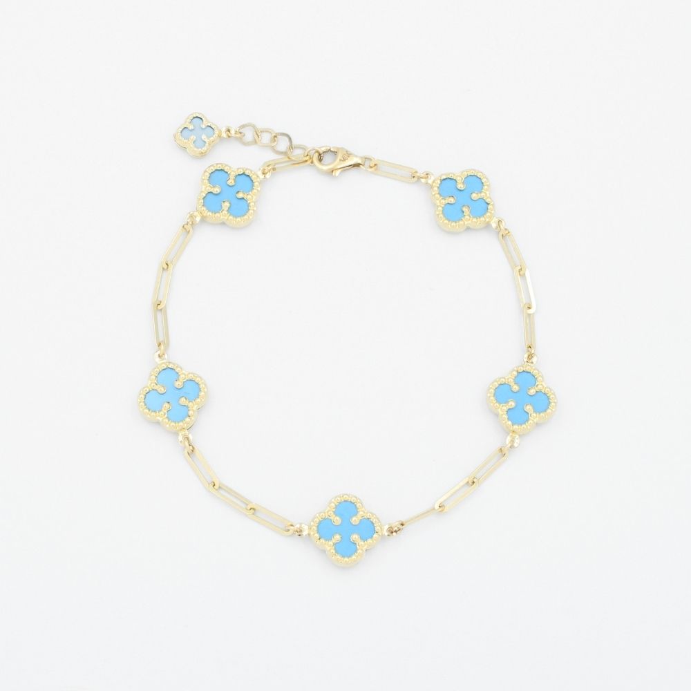 Pulsera de Oro 14k de Tejido Fino Estilo Paperclip con Tréboles de Turquesa mod. 9038