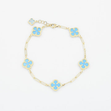 Pulsera de Oro 14k de Tejido Fino Estilo Paperclip con Tréboles de Turquesa mod. 9038