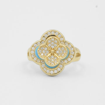 Anillo de Oro 14k Flor con Esmalte Azul Incrustado con Zirconias Finas mod. 8059