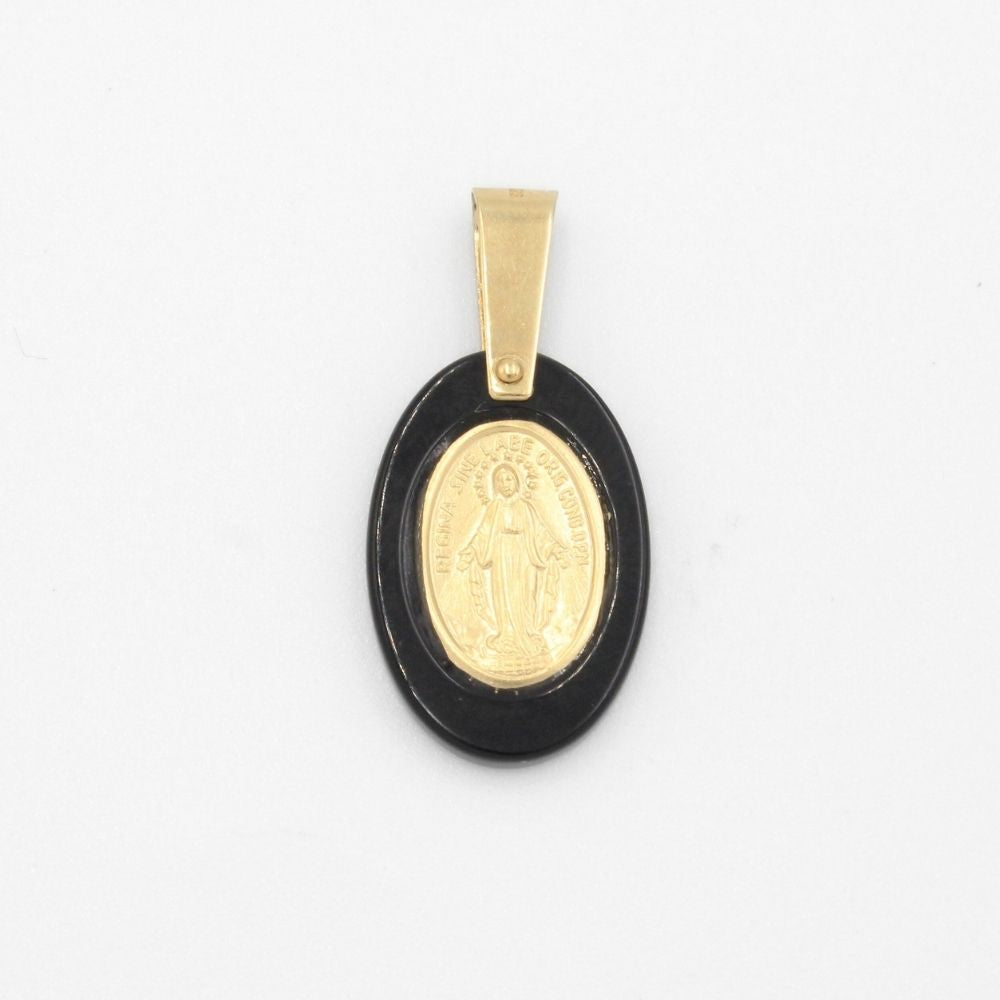 Medalla de Oro 14k Montada en Ónix Oval con Imagen de la Virgen Milagrosa mod. 9524